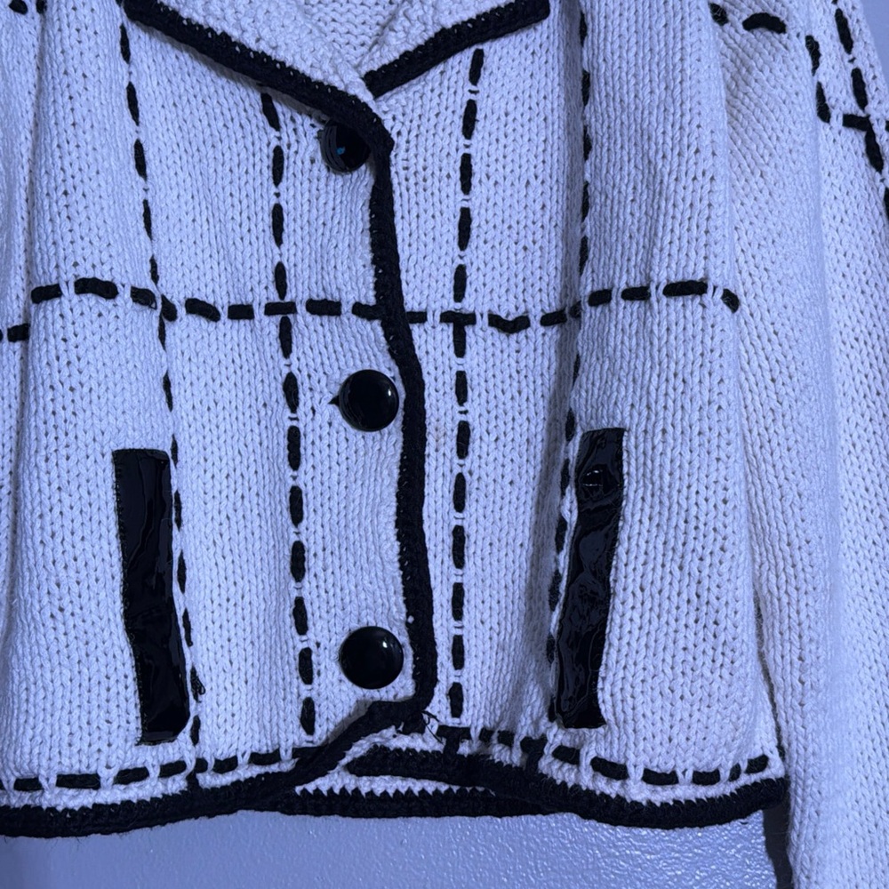 Vintage Cardigan Jacket Michael Simon New York Plaid Knit White and Black Size L - Picture 3 of 9